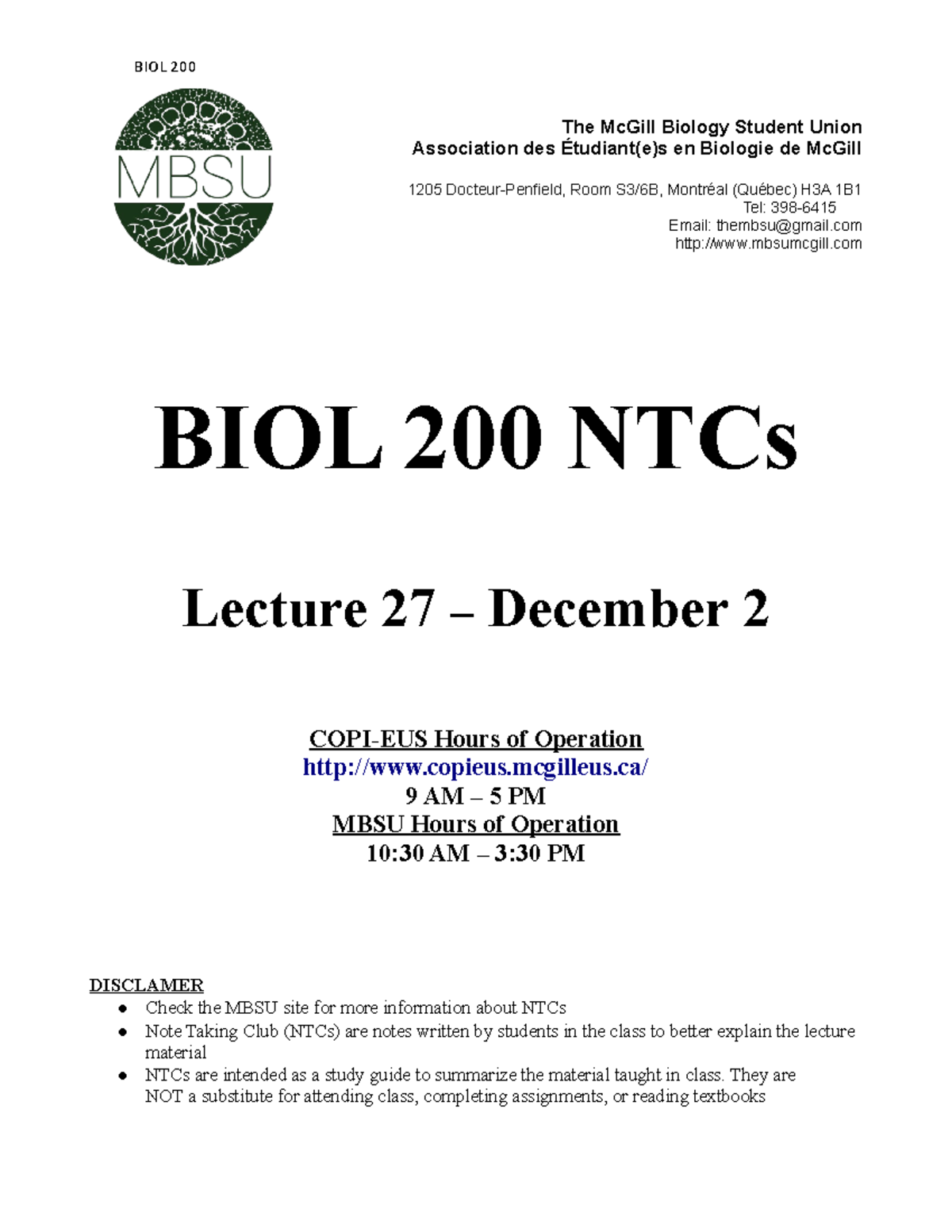 Lecture 27, Dec. 2 (RR13) - BIOL 200 The McGill Biology Student Union ...