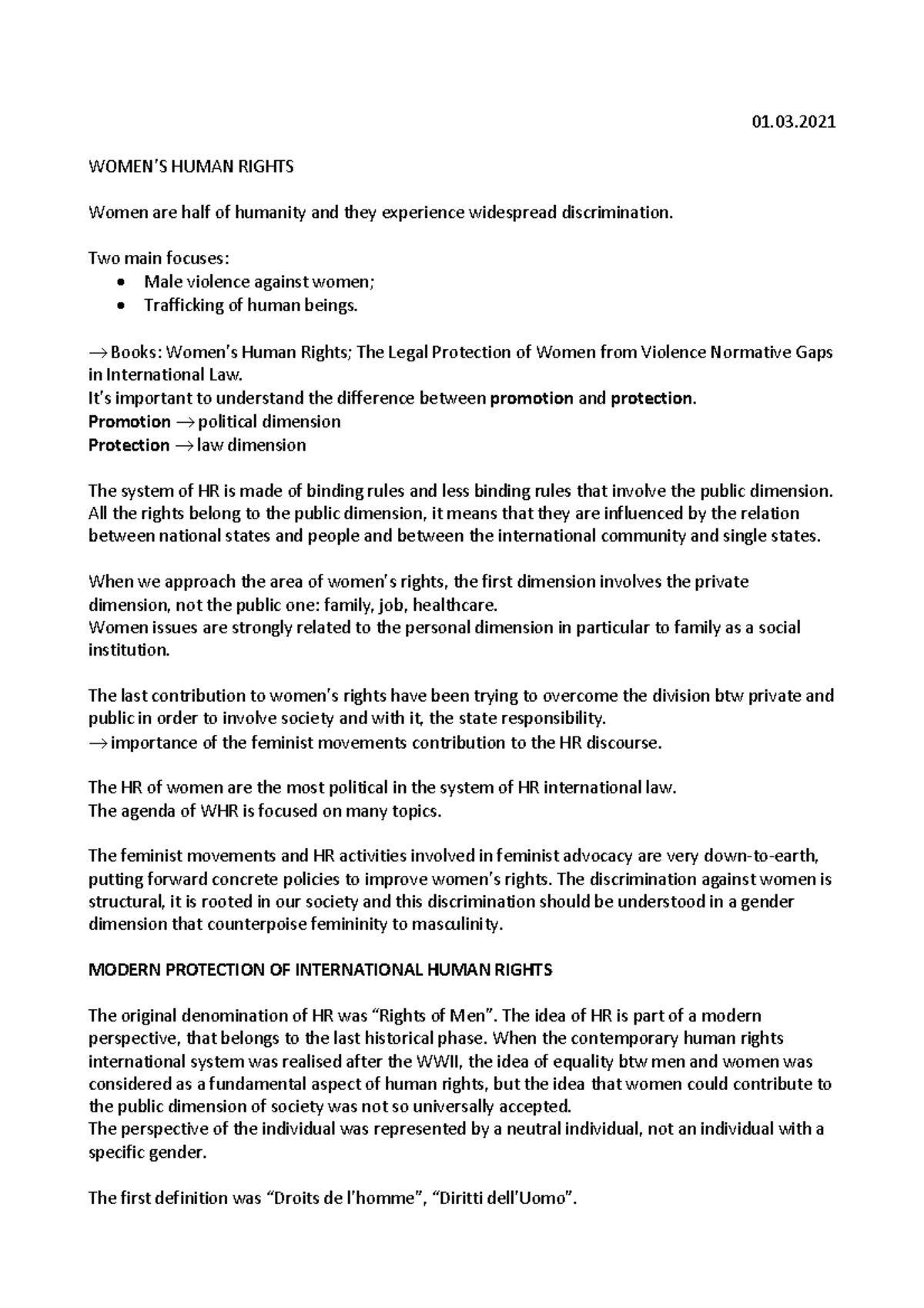 Women's rights Notes - 01. WOMEN’S HUMAN RIGHTS Women are half of ...