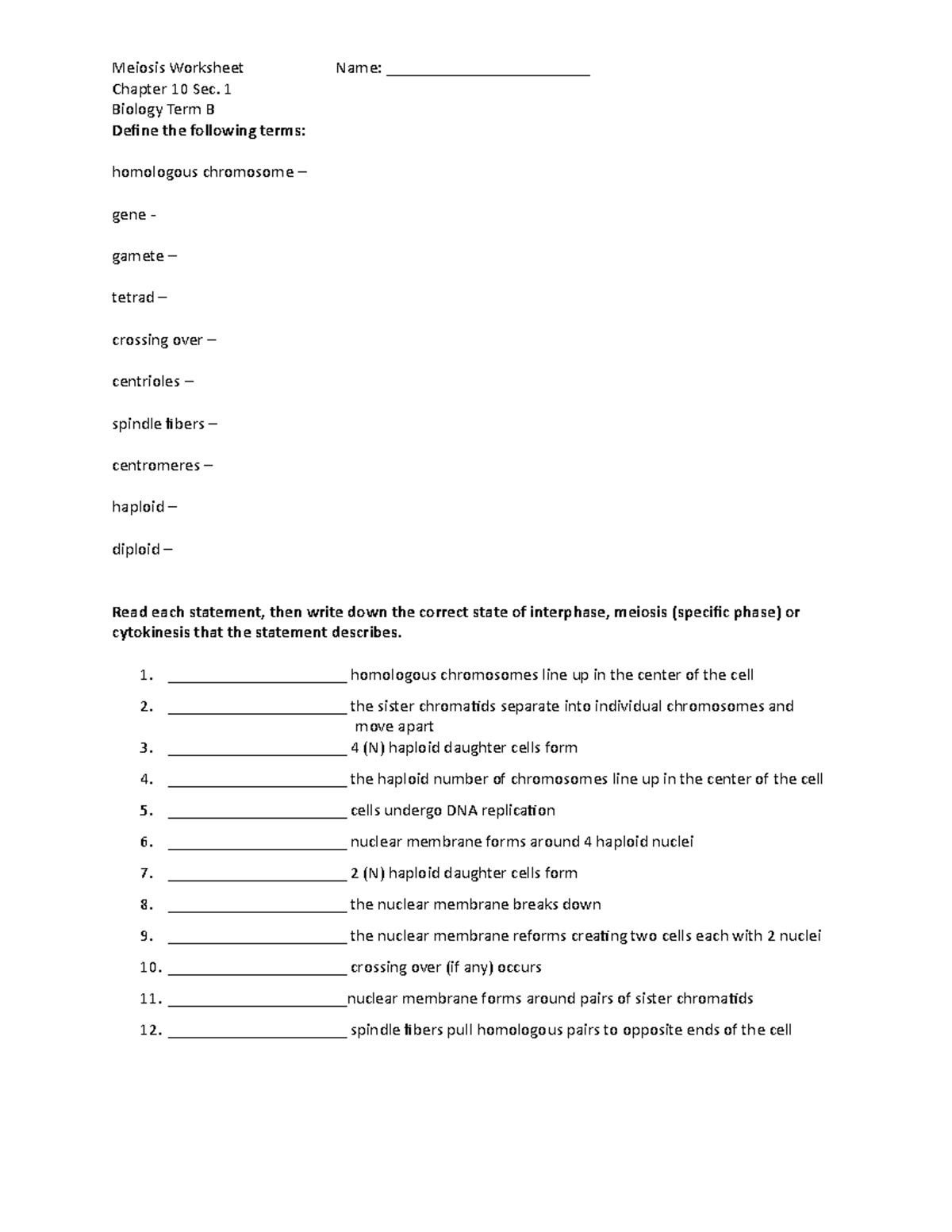 Meiosis Worksheet - Biology - Meiosis Worksheet Name ...