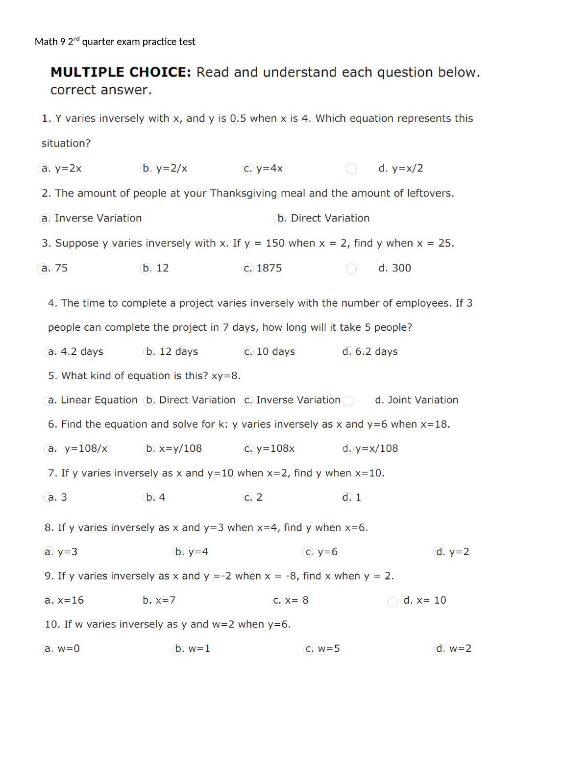 Math 9 2nd quarter exam practice test - Math 4th grade - Math 9 2nd ...