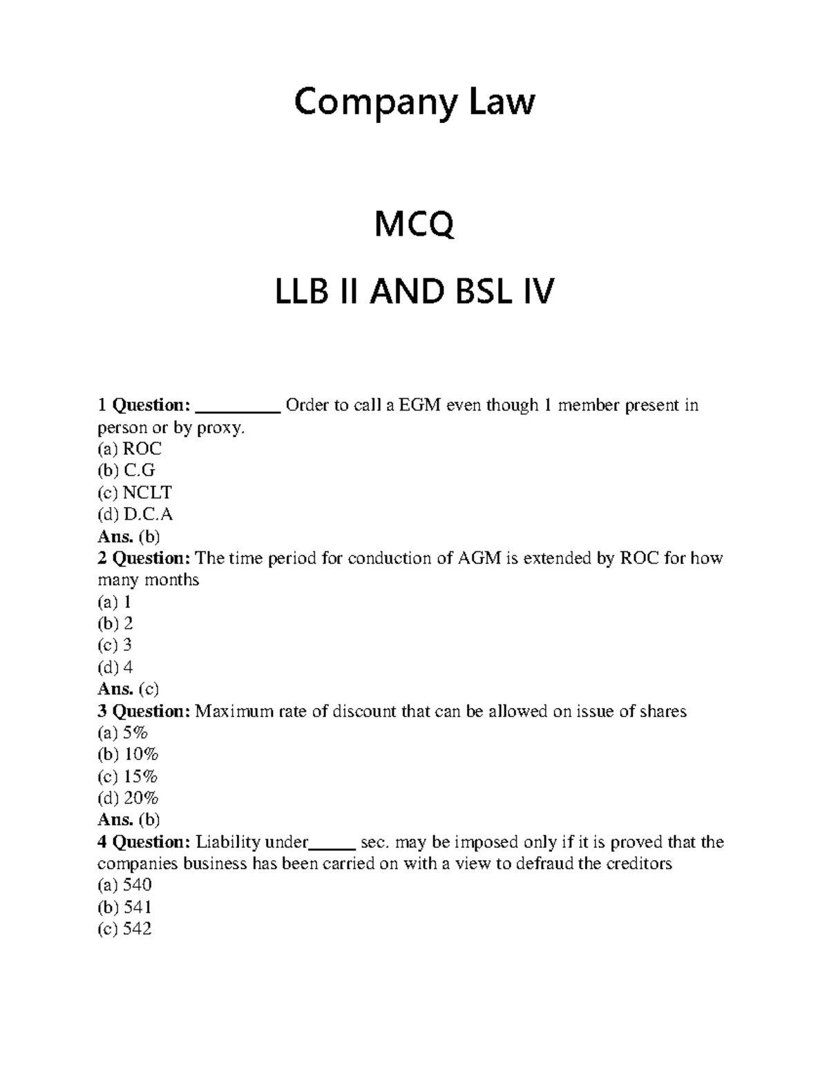 Company Law - Company Law MCQ LLB II AND BSL IV 1 Question ...