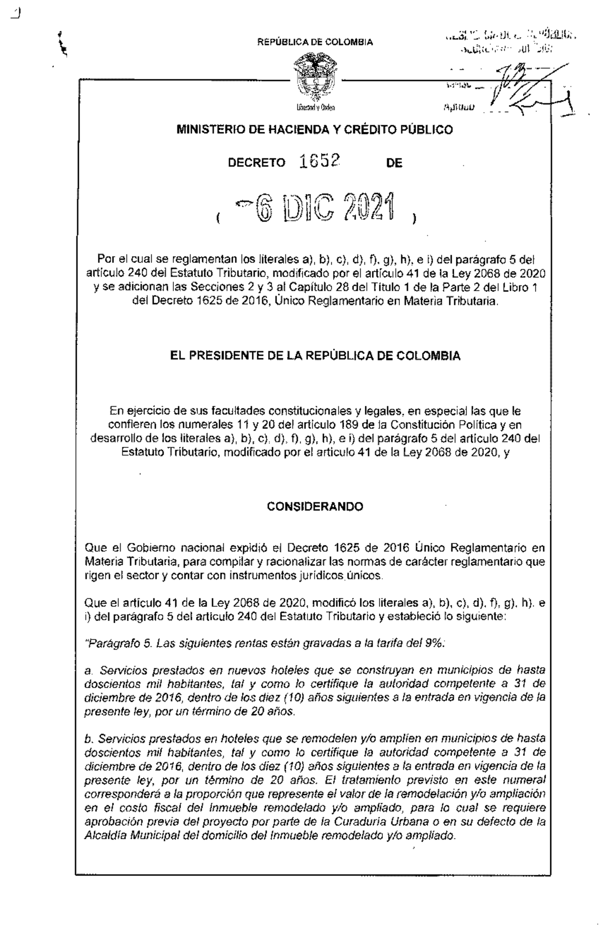 Decreto 1652 DE 2021 - Dsdsd - '-,J101IU -. ( ) \ .L" ~'I"'" _, •.,j ...