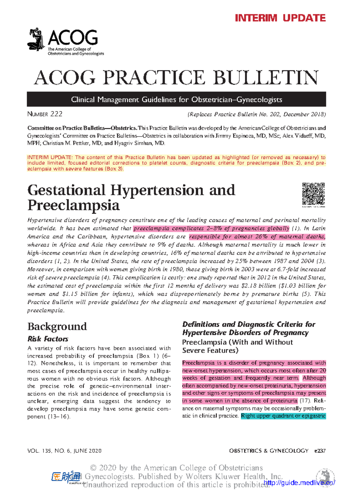 Preeclampsia ACOG 2020 - INTERIM UPDATE ACOG PRACTICE BULLETIN Clinical ...