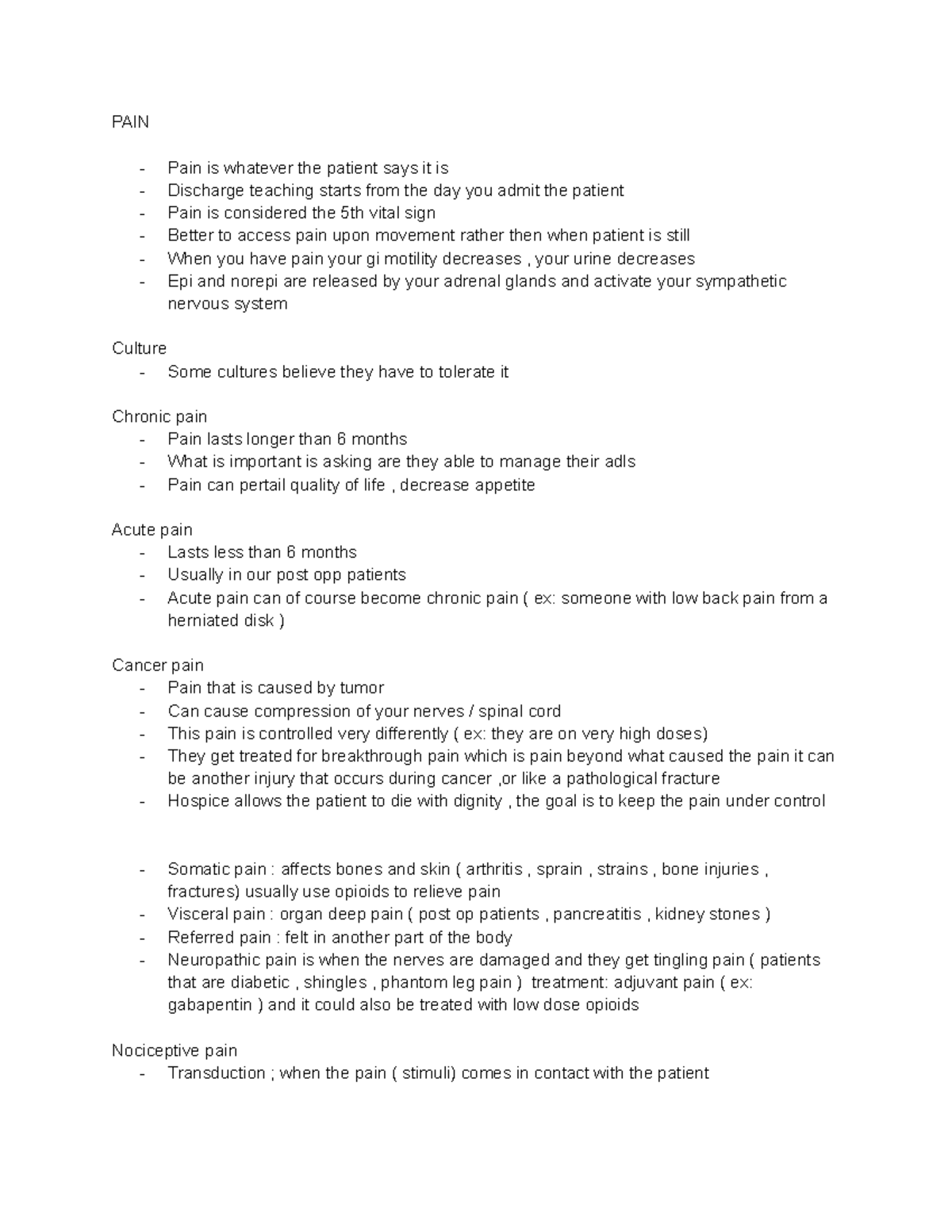Med surge lecuture - med surg lecture notes - PAIN Pain is whatever the ...