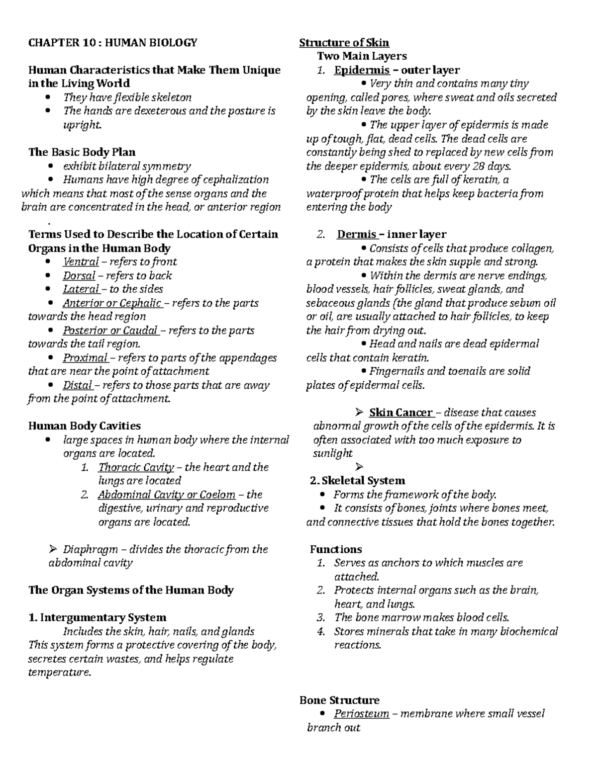 Human-Bio - Anatomy and Physiology lecture notes - CHAPTER 10 : HUMAN ...