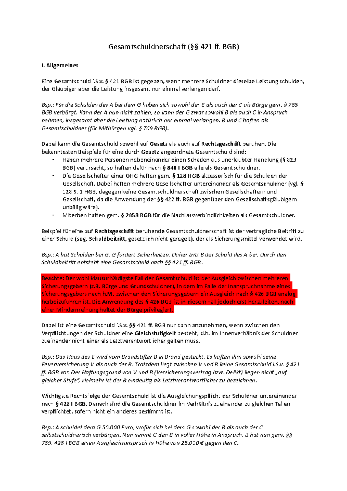 Gesamtschuldnerschaft (§§ 421 Ff. BGB) - Allgemeines Schuldrecht Und ...