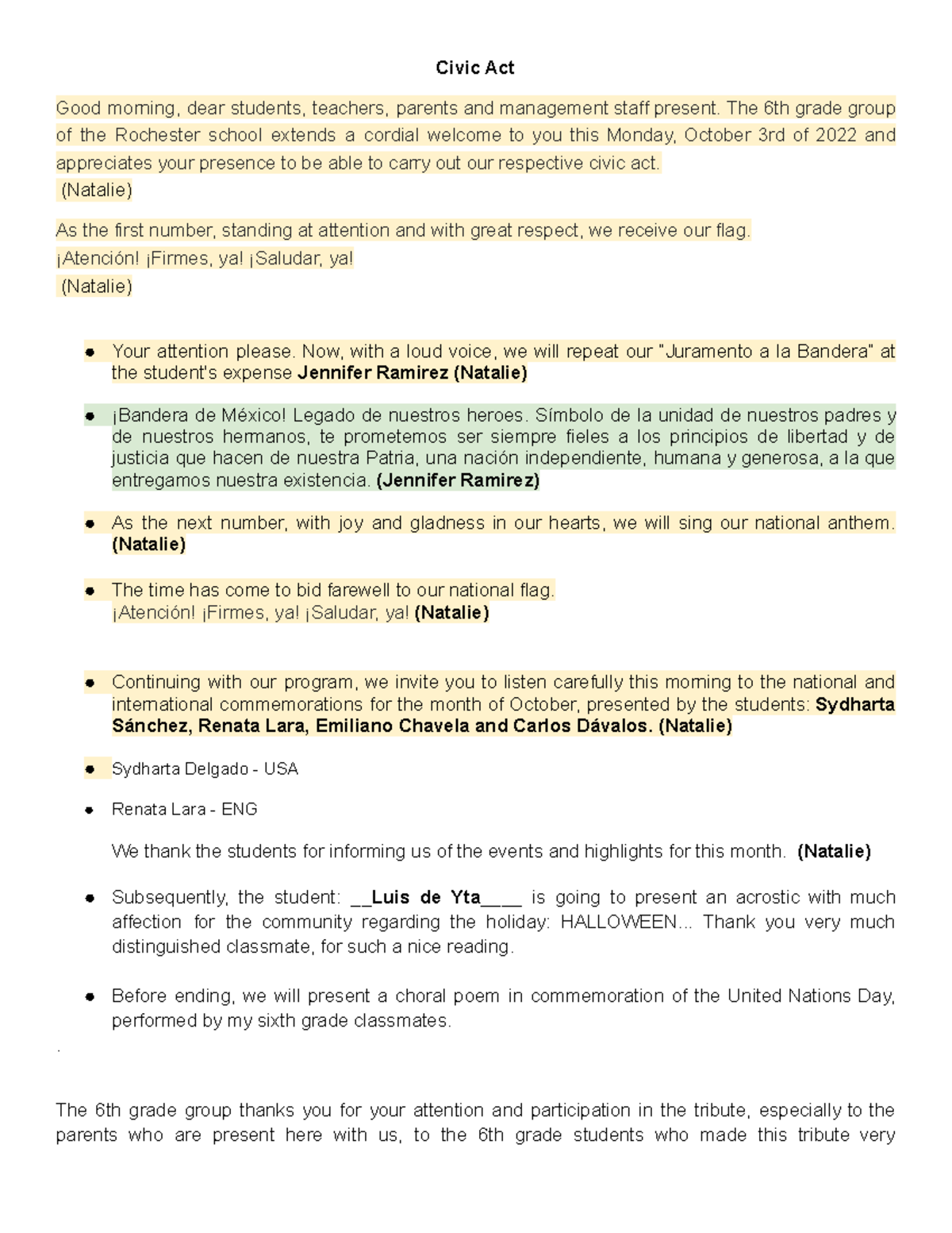 Civic Act - Script - Cívico - Civic Act Good morning, dear students ...