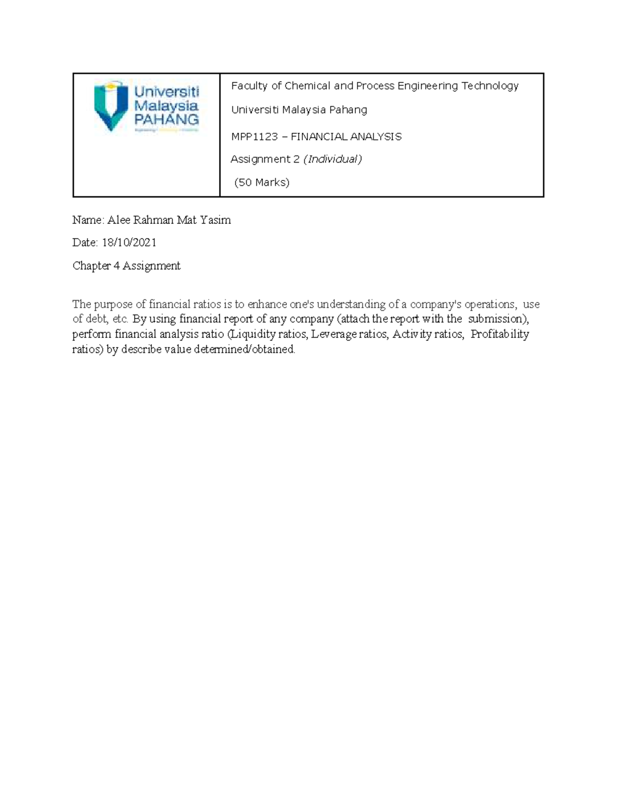 finance assignment ratio analysis