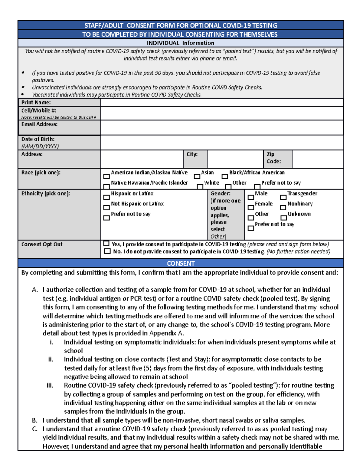 Staff adult consent form - STAFF/ADULT CONSENT FORM FOR OPTIONAL COVID ...