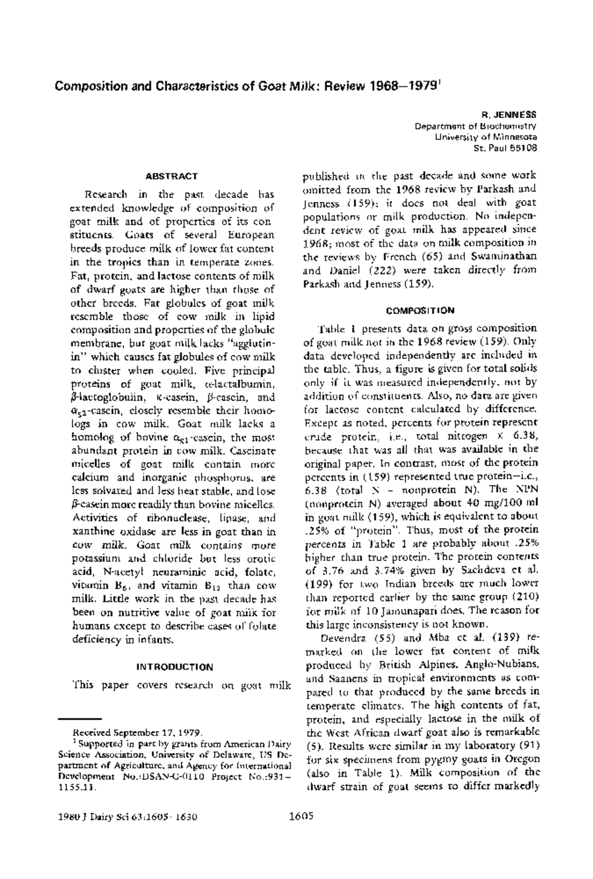 Composition and Characteristics of Goat Milk (Review 1968-19791 ...