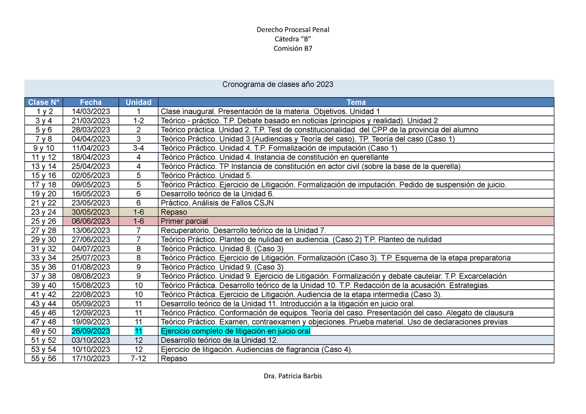 Cronograma 2023. Comisi Ã³n B7. Dra. Barbis - Derecho Procesal Penal ...