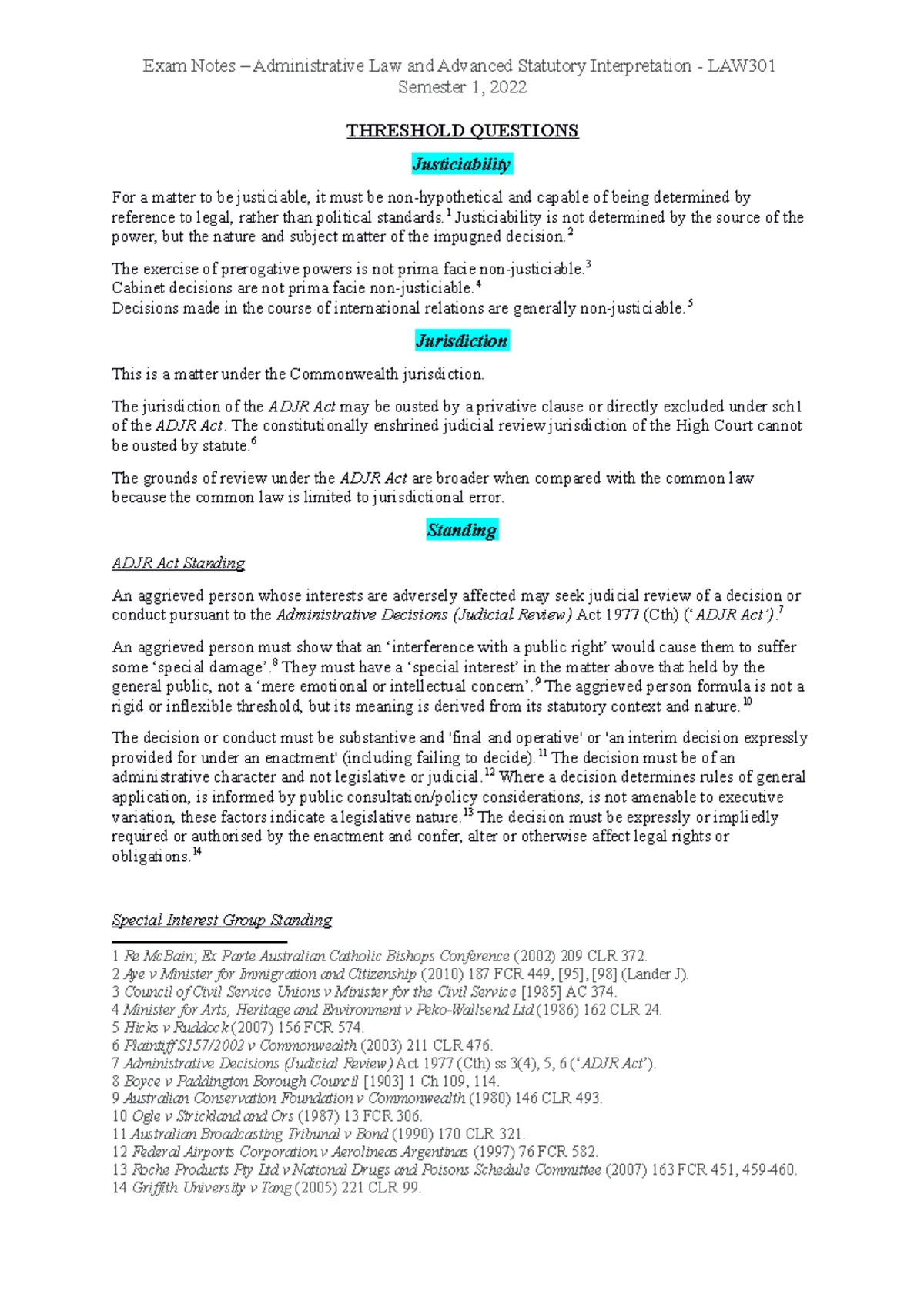 Exam Notes Admin Law LAW301 Semester 1, 2022 THRESHOLD QUESTIONS