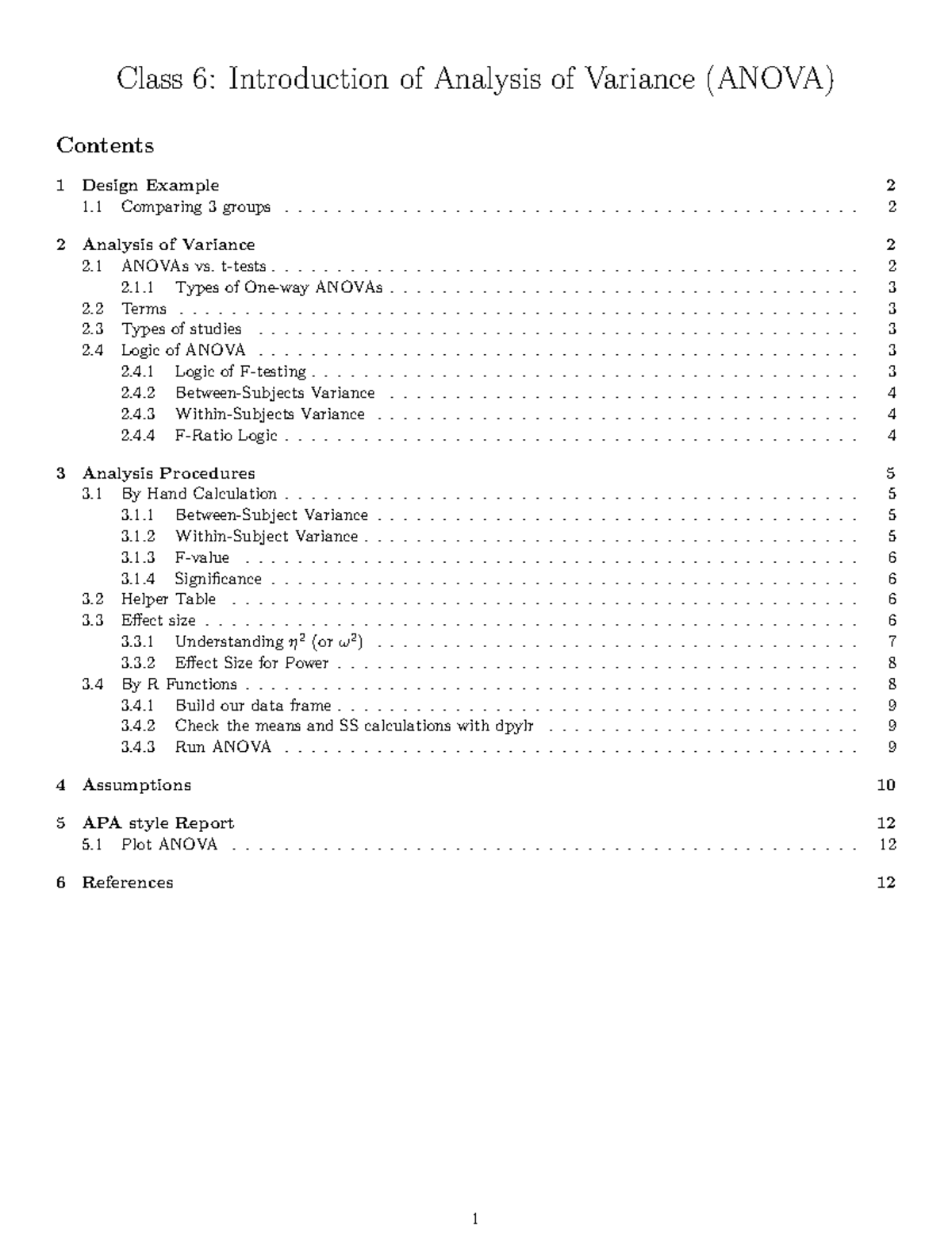 Class 6 One Way Anova C1 Psch 443 Advanced Statistics