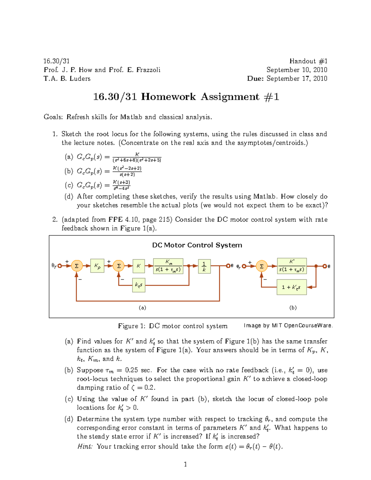 Feedback Control Systems Assignment 01 03 Prof. J. P. How and Prof