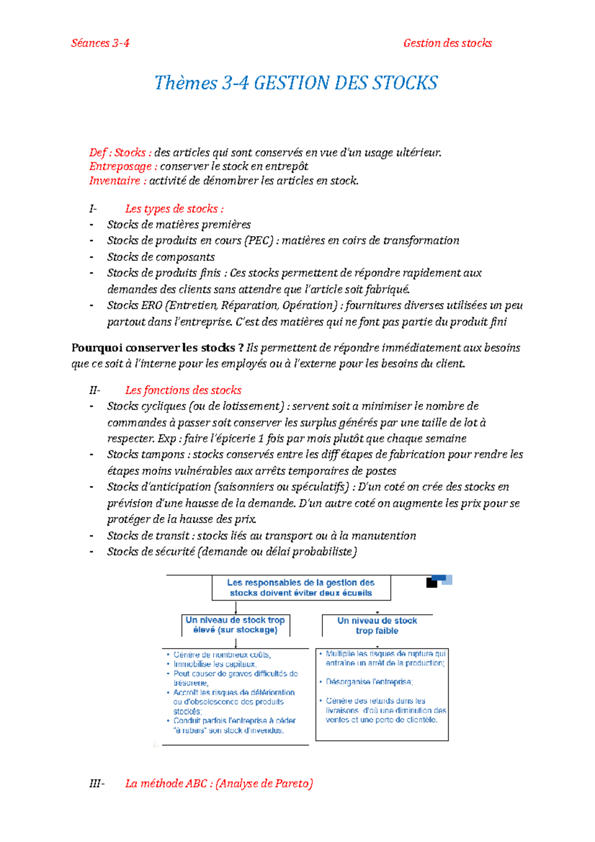 Fiches 3 et 4 Gestion DES Stocks Gestion des stocks GESTION DES