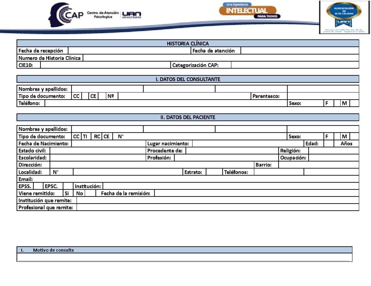Historia clinica Ejemplo - HISTORIA CLÍNICA Fecha de recepción Fecha de