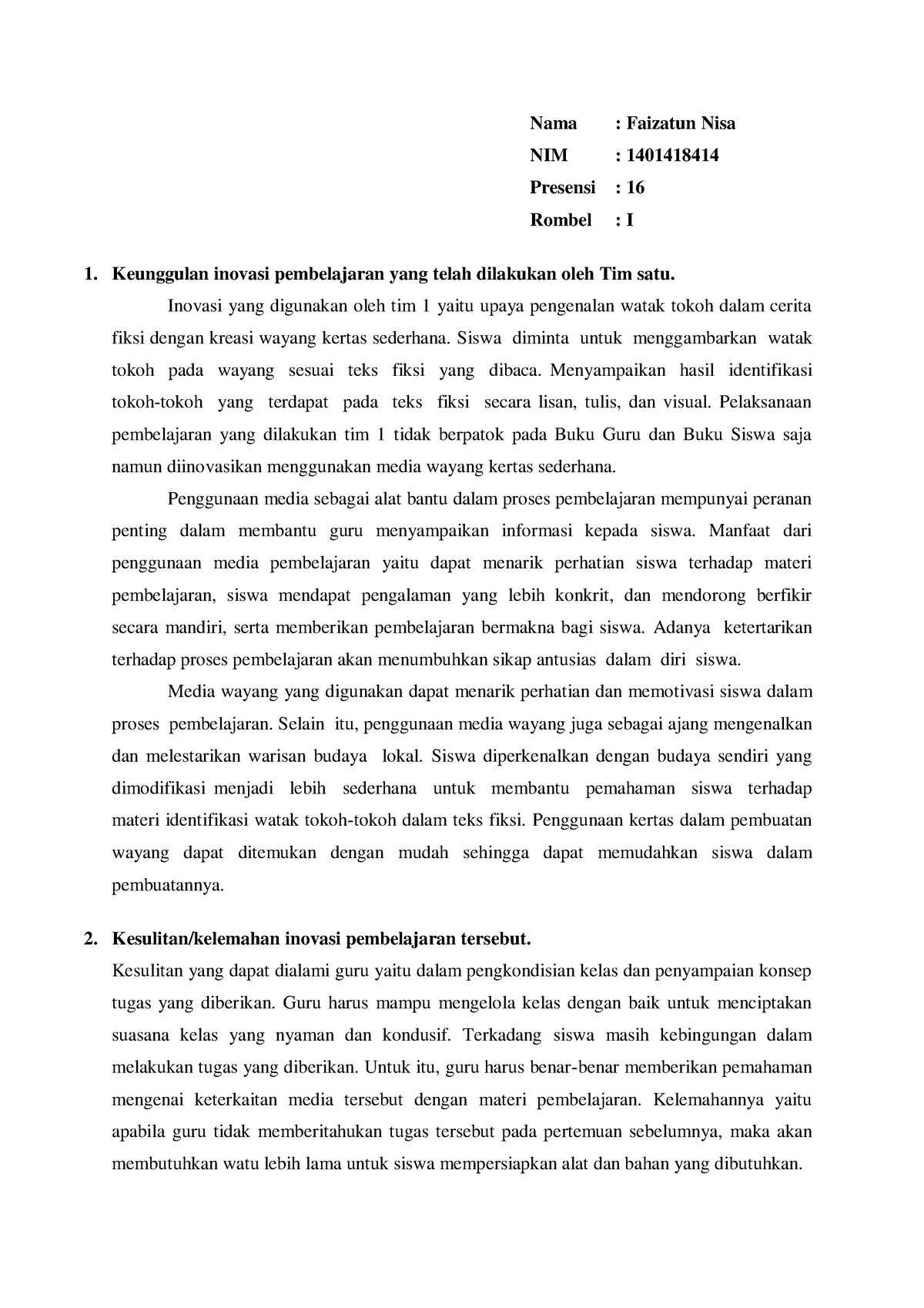 Inovasi Pembelajaran Media Wayang Kertas Nama Faizatun Nisa Nim