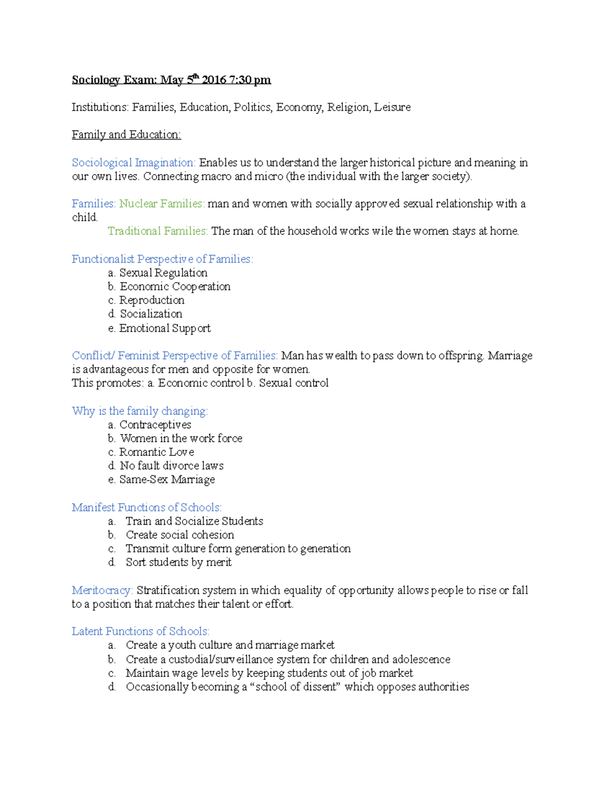 Sociology Exam 3 Exam 3 Material Sociology Exam May 5 Th 2016 7 30 
