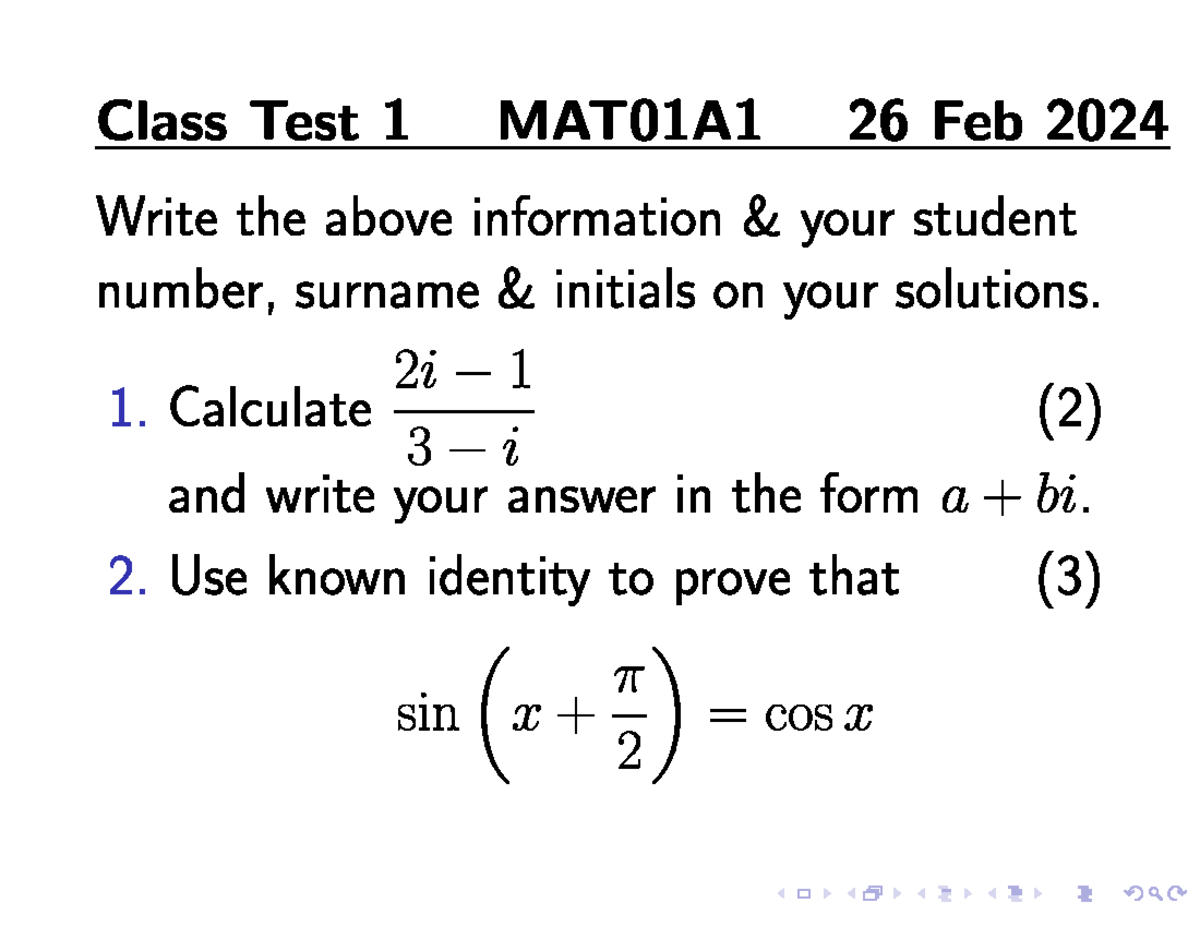MAT01A1 Class test 1 Session 2 2024 MEMO - MAT01A1 - Studocu