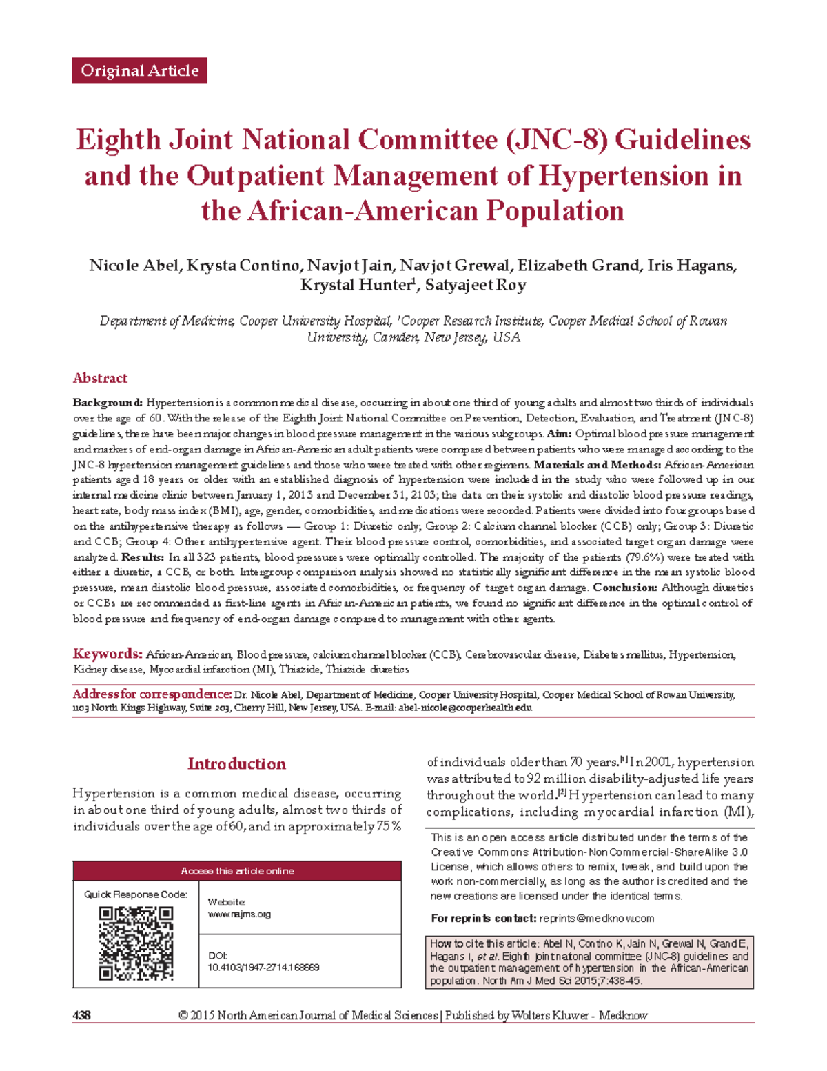 JNC8 438 © 2015 North American Journal of Medical Sciences