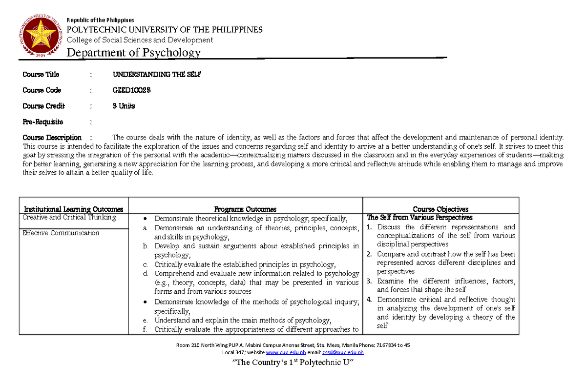 Understanding the self course syllabus room 210 north wing pup a