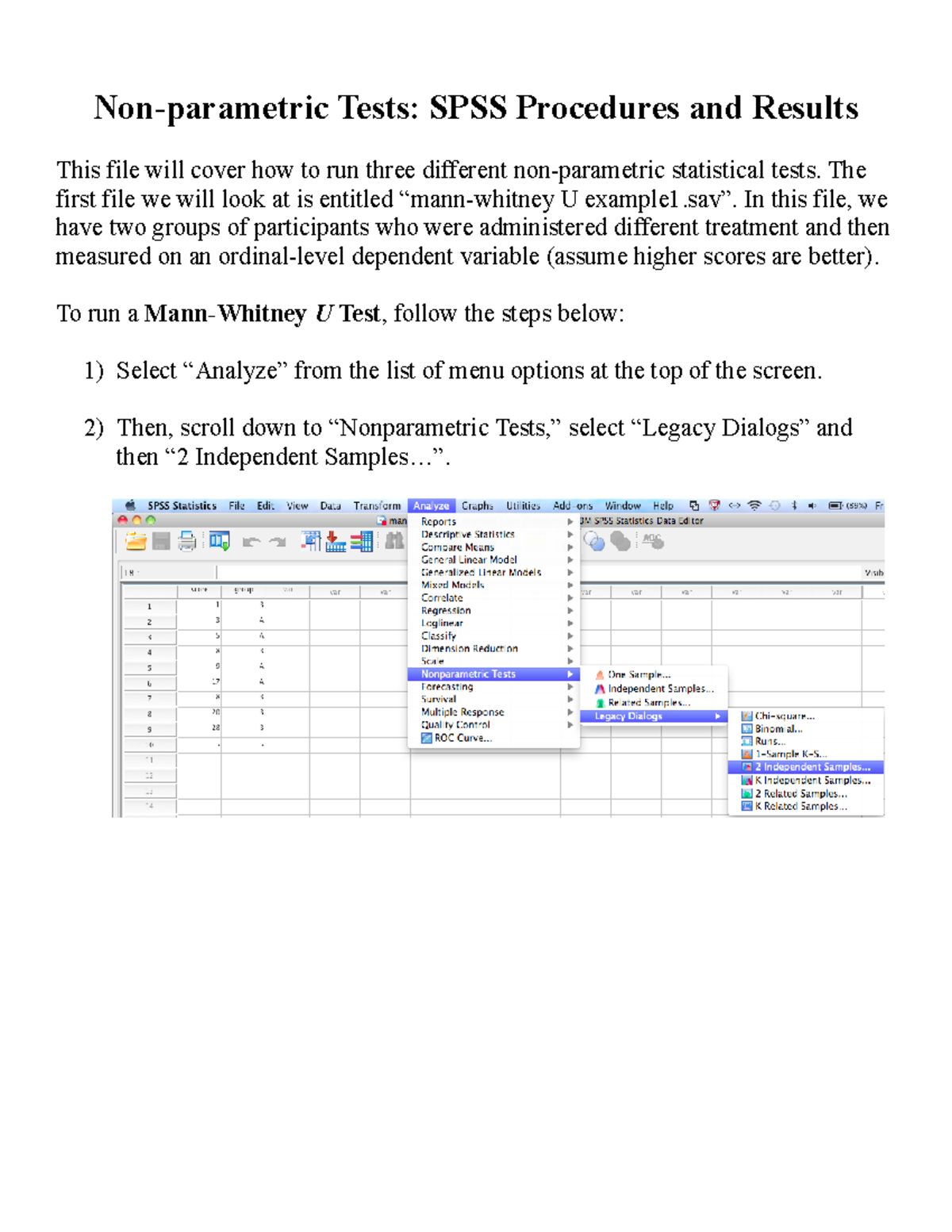 Nonparametric SPSS example Nonparametric Tests SPSS Procedures and