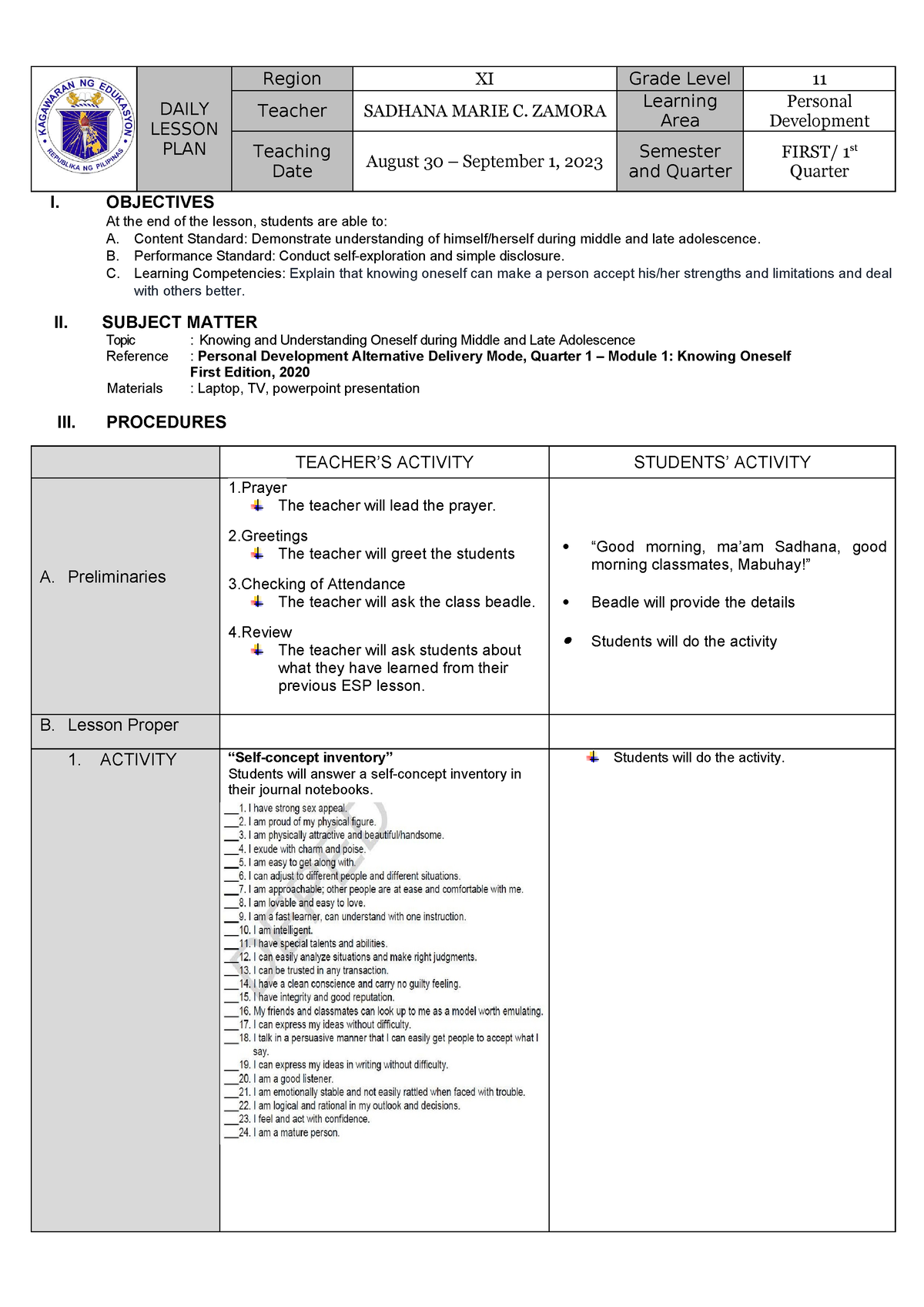 Perdev qtr1 week-1 - Personal Development daily lesson plan - DAILY ...