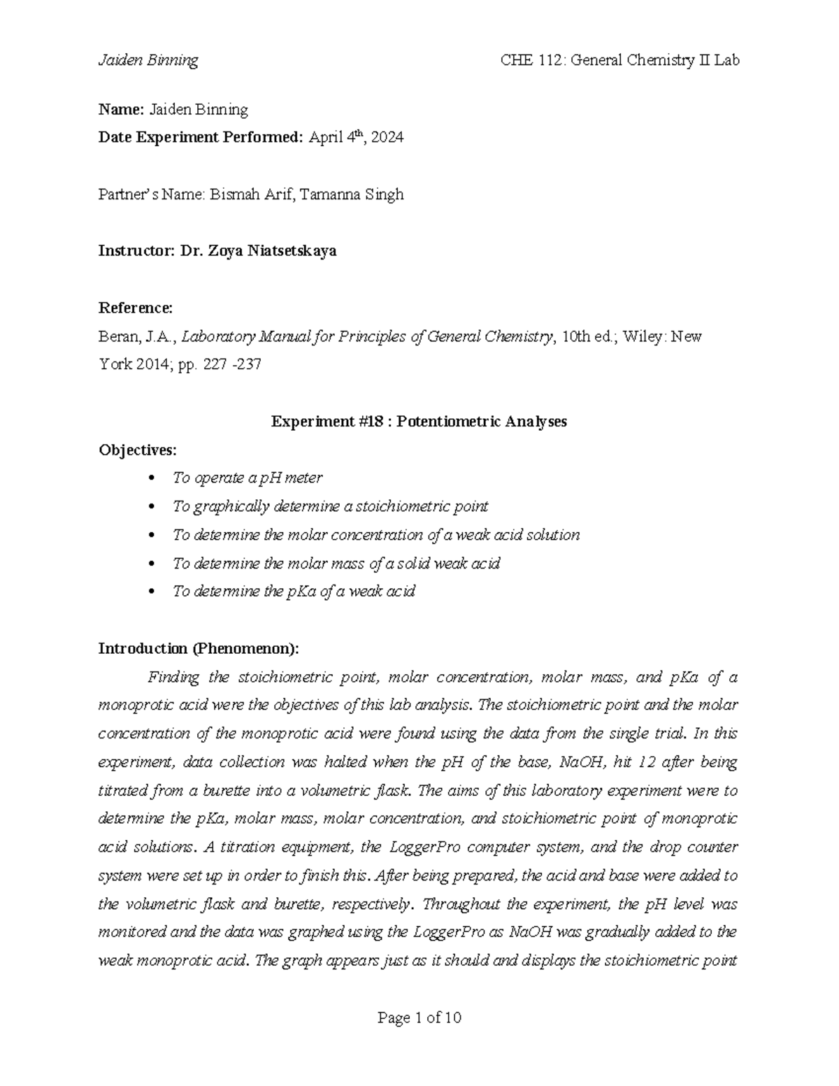 Exp 18 - Name: Jaiden Binning Date Experiment Performed: April 4th ...