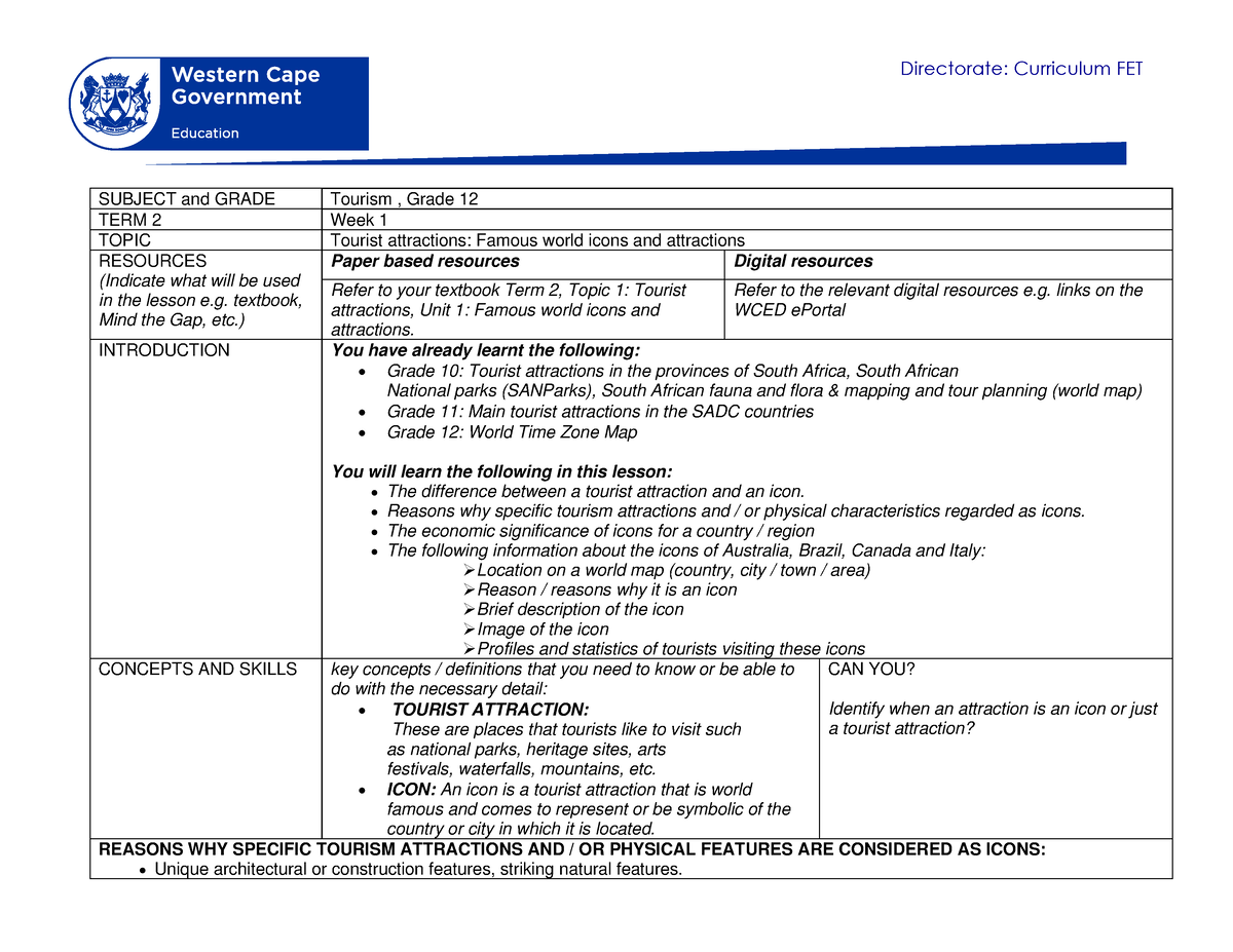 tourism lesson plan grade 12