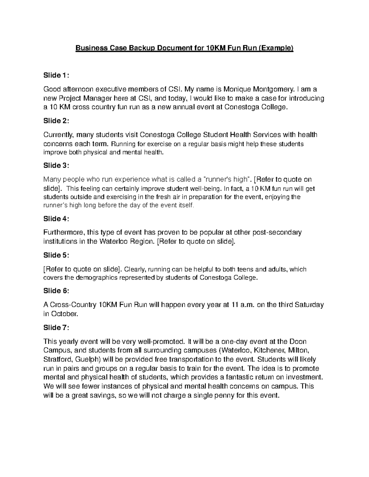 Example - Business Case Backup Document for 10 KM Fun Run - Business ...