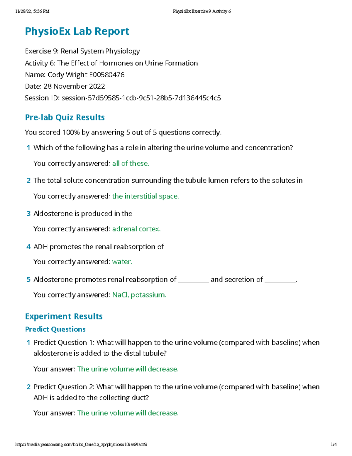 Physio Ex Exercise 9 Activity 6 - PhysioEx Lab Report Exercise 9: Renal