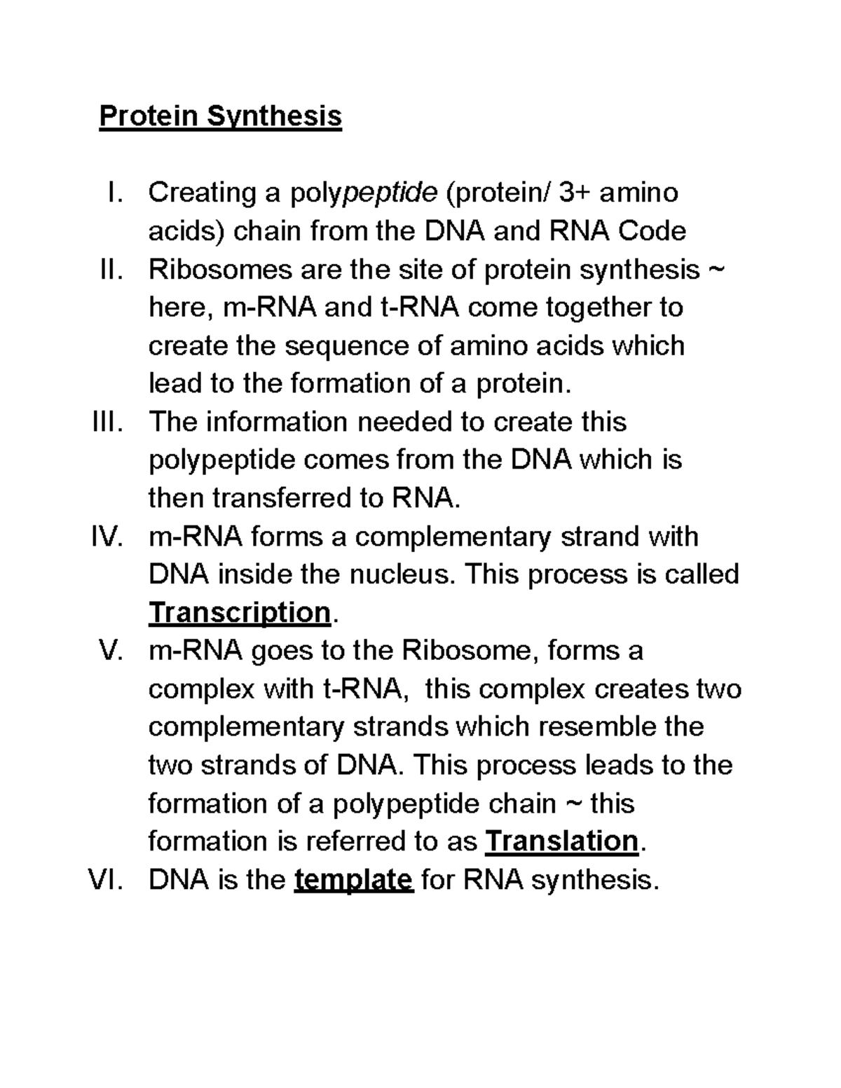 Kelly Robinson Protein Synthesis Notes - Protein Synthesis I. Creating ...