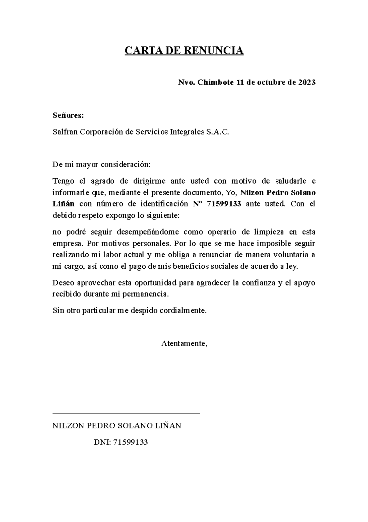 Carta DE Renuncia - FVFC - CARTA DE RENUNCIA Nvo. Chimbote 11 de ...