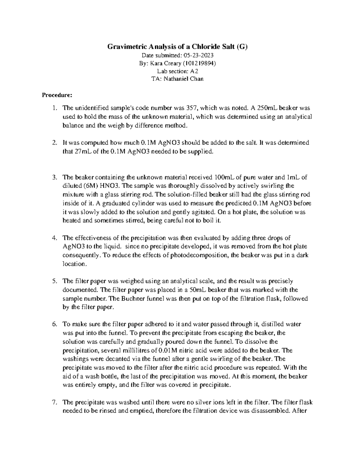 G post-lab Lab section - Gravimetric Analysis of a Chloride Salt (G ...