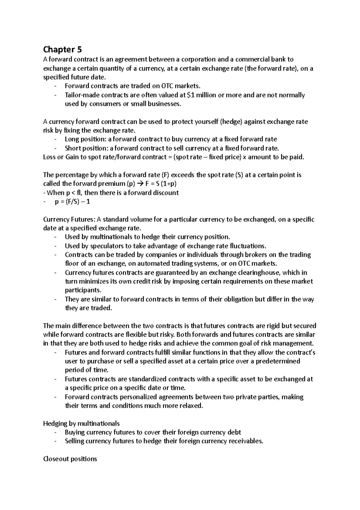 Chapter 5 summary international finance - Chapter 5 A forward contract ...