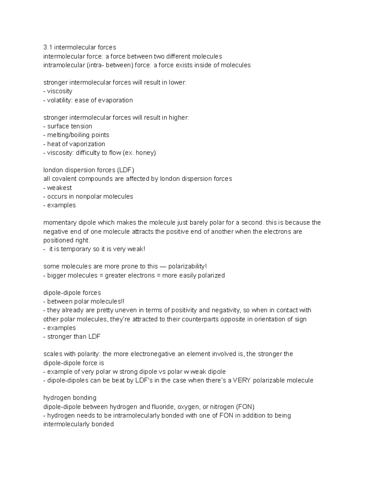 3.1 Notes - 3 intermolecular forces intermolecular force: a force ...