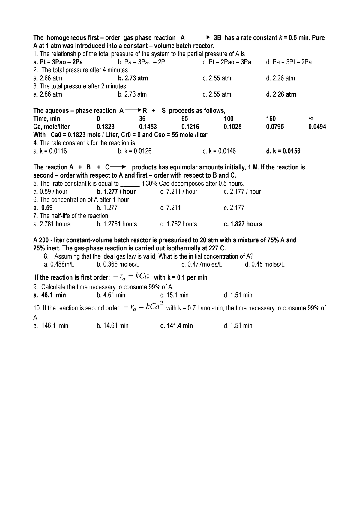 Kinetics - The homogeneous first – order gas phase reaction A 3B has a ...