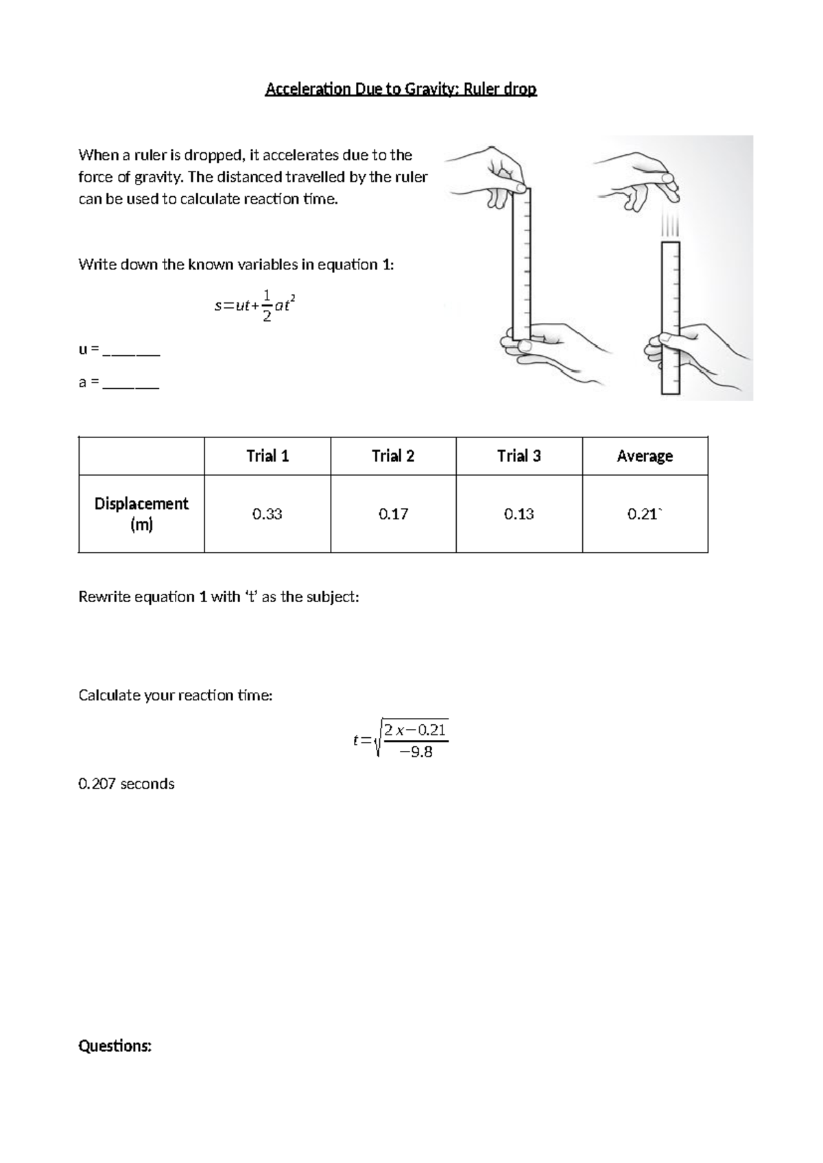 Acceleration - Ruler drop - Math - Acceleration Due to Gravity: Ruler ...