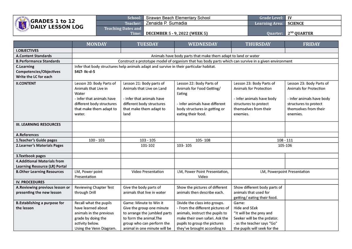 DLL Science 4 Q2 W5 - DAILY LESSON PLAN - GRADES 1 To 12 DAILY LESSON ...