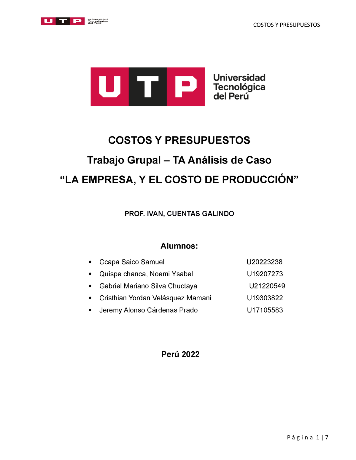 Analisis De Caso - Caso 1 De Costos - COSTOS Y PRESUPUESTOS Trabajo ...