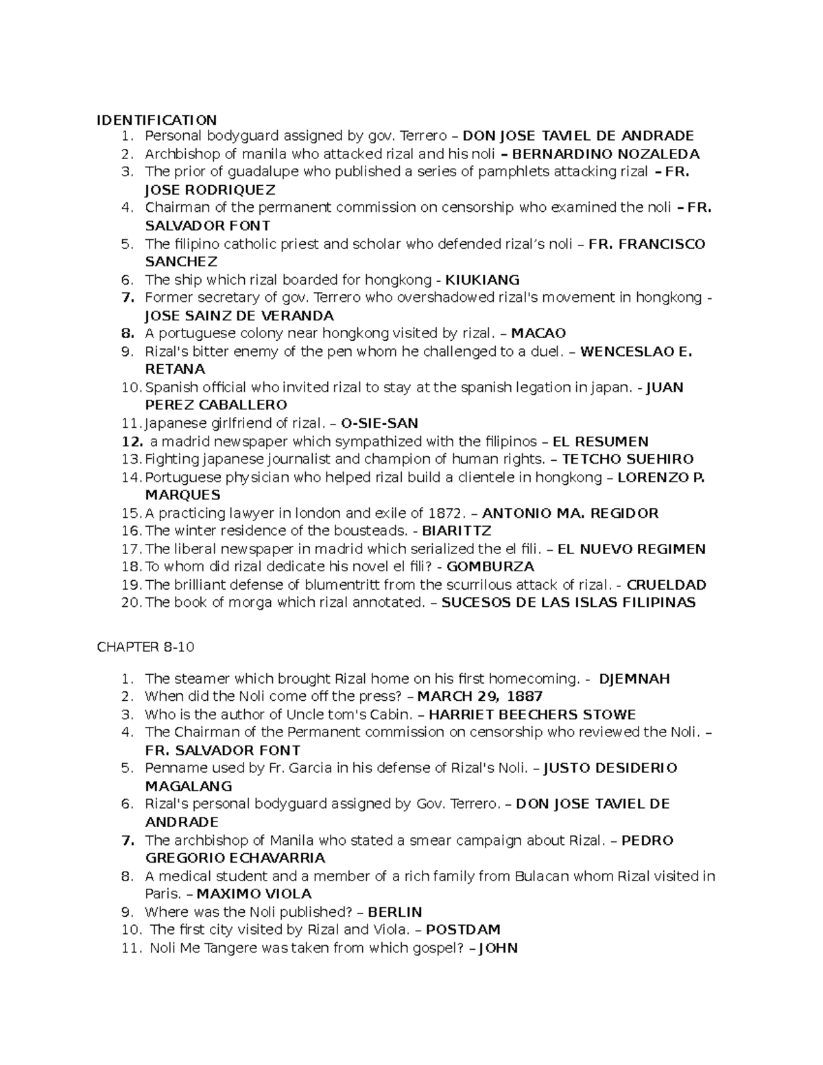 Midterm Rizal Reviewer - IDENTIFICATION Personal bodyguard assigned by ...