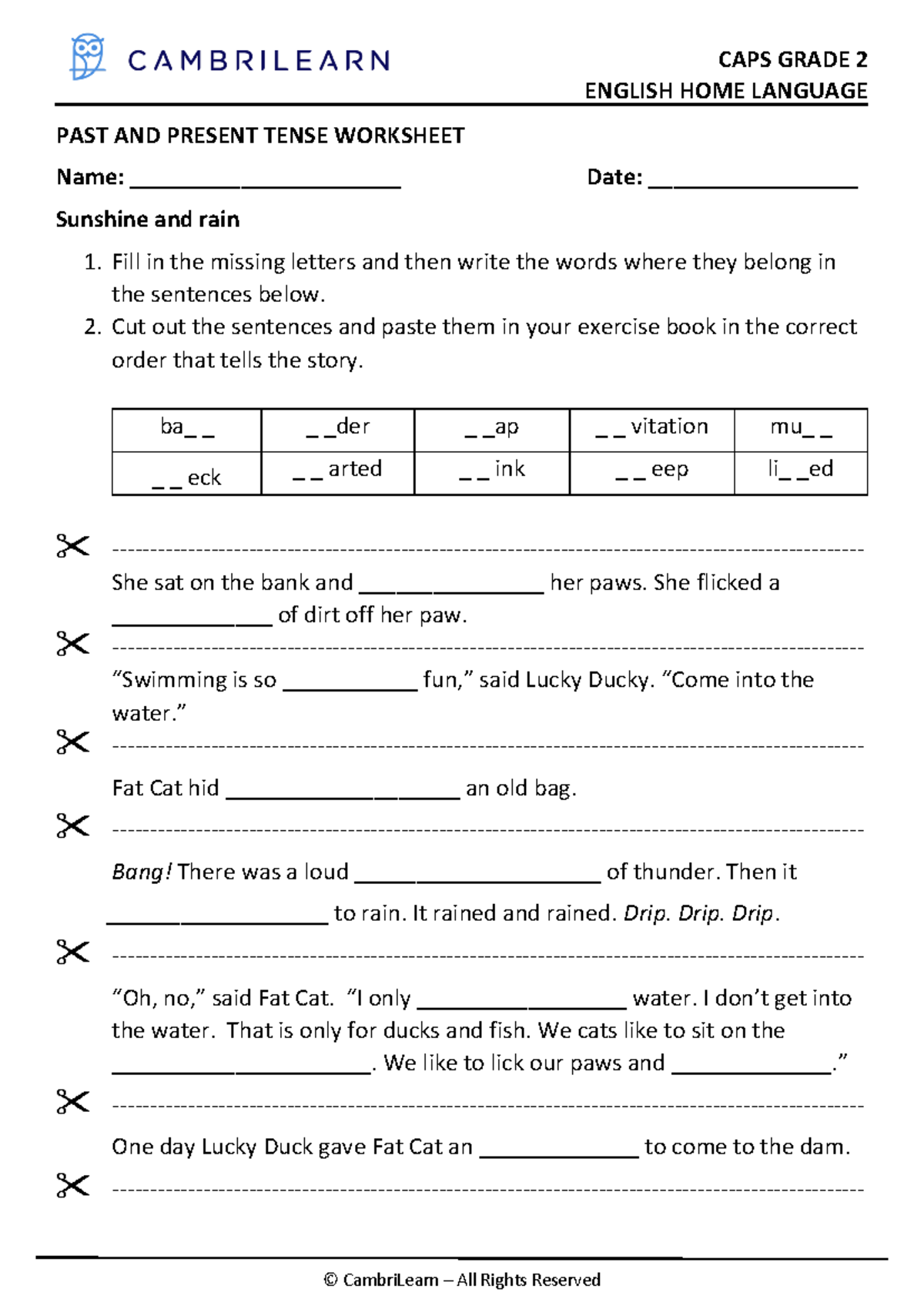 Past Present Tense Worksheet - CAPS GRADE 2 ENGLISH HOME LANGUAGE ...