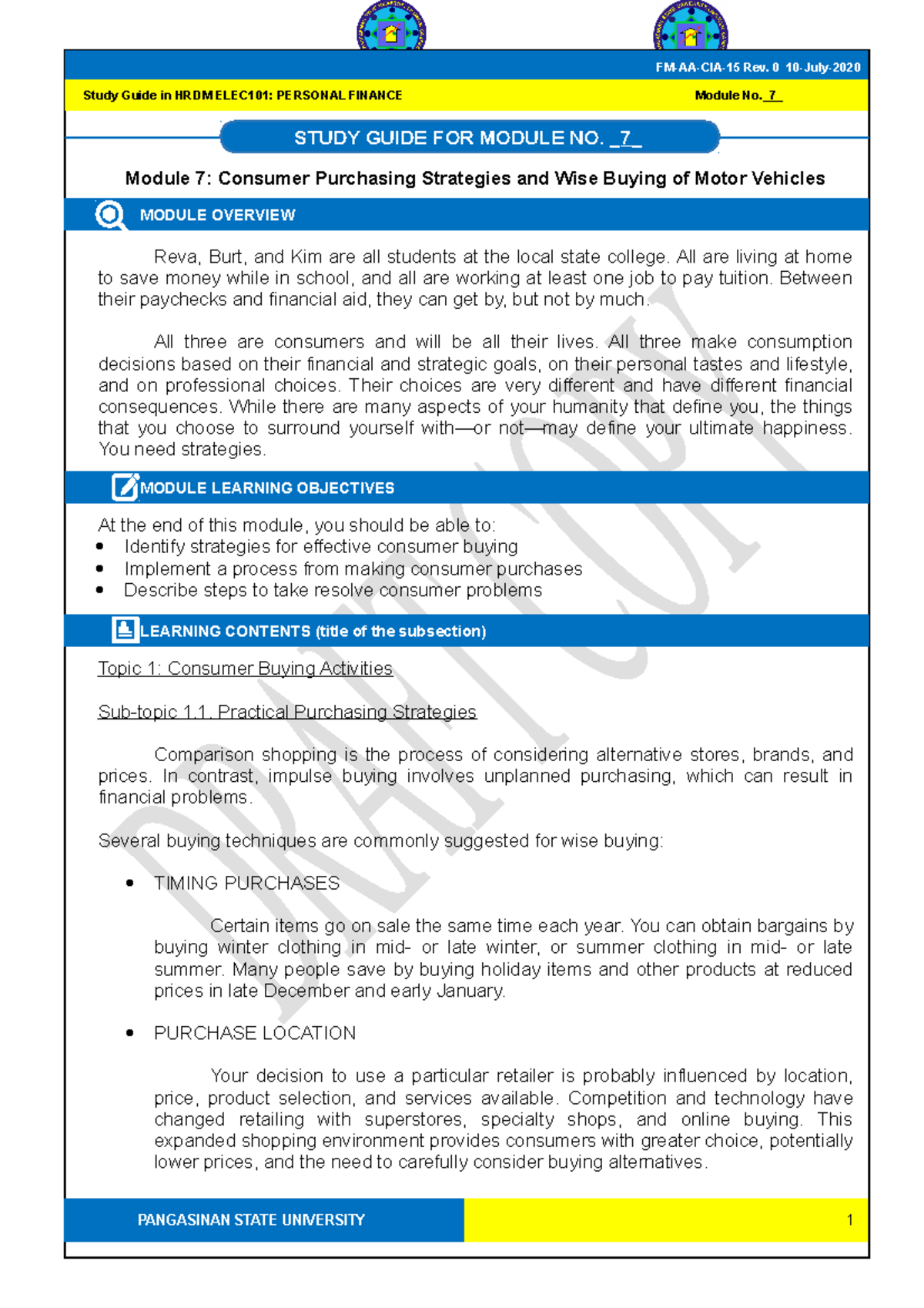 CIA15 study guide 7 personal finance - Module 7: Consumer Purchasing ...