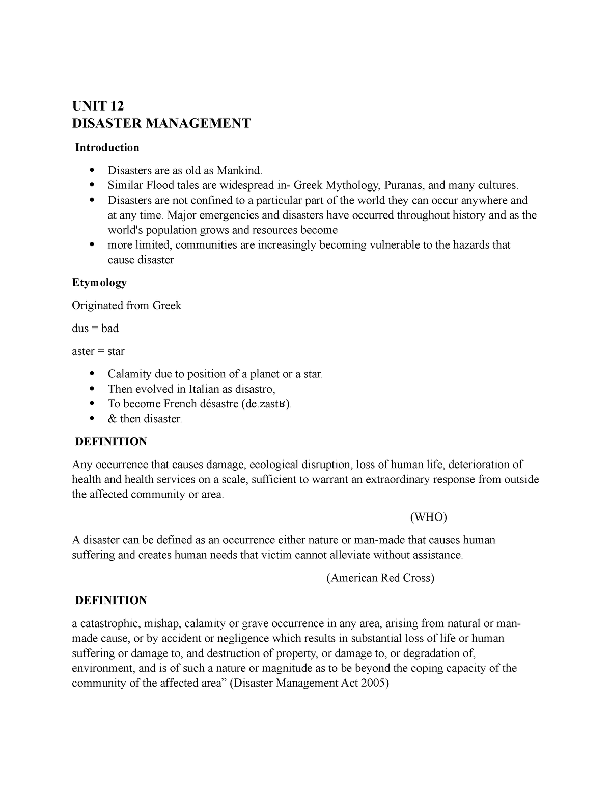 Disaster-management-notes - UNIT 12 DISASTER MANAGEMENT Introduction ...