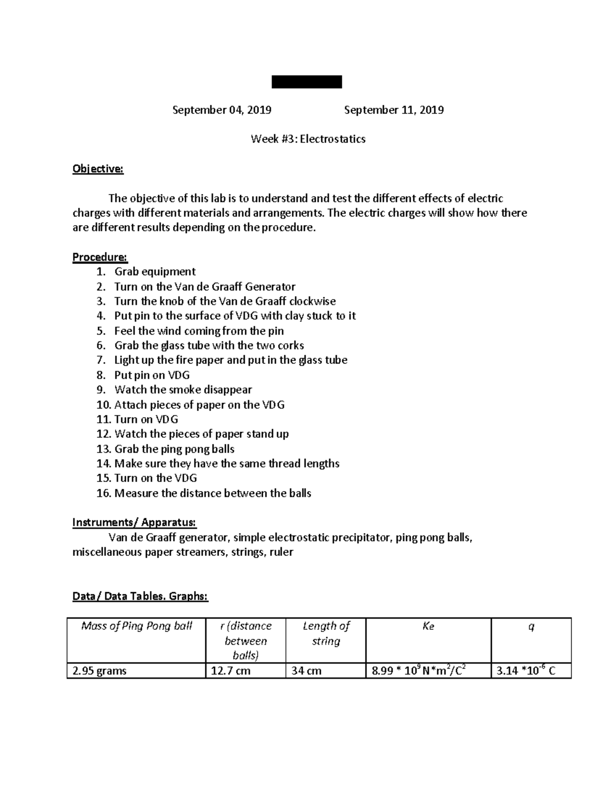 Electrostatics Lab Report Redacted PHYS 1100 Cal State LA Studocu