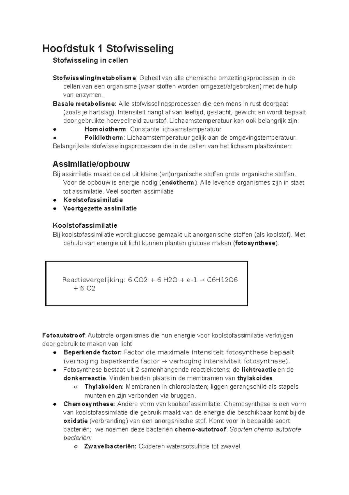 Biologie Samenvatting 5v Stof - Hoofdstuk 1 Stofwisseling Stofwisseling ...