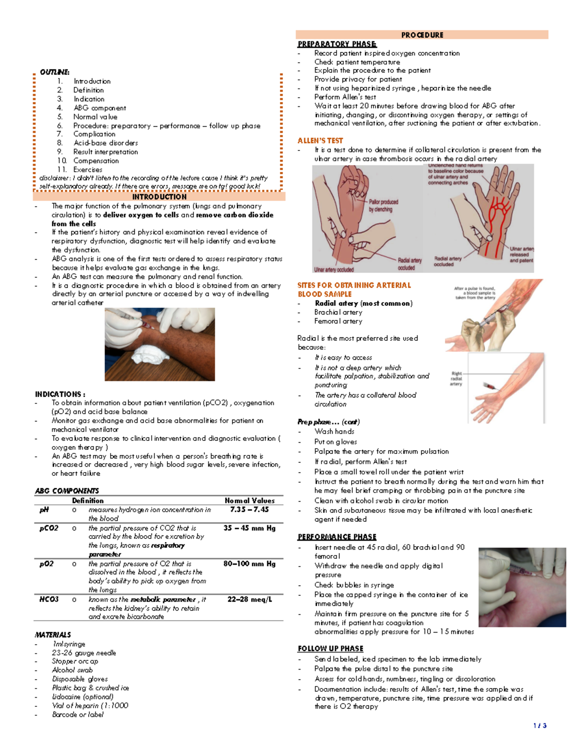 Arterial Blood Gases - Lecture notes 9 - 1 / 3 OUTLINE: Introduction ...
