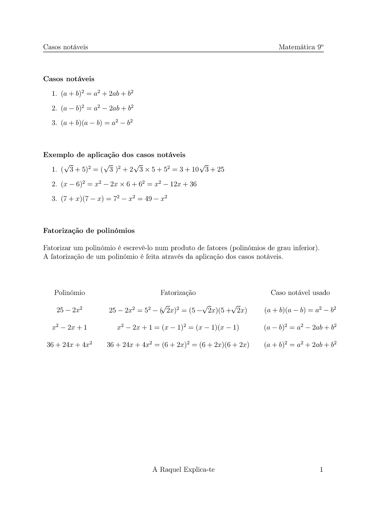 Casos Notáveis 9º 7 - Casos Notáveis Matemática 9o Casos Notáveis 1.(a ...