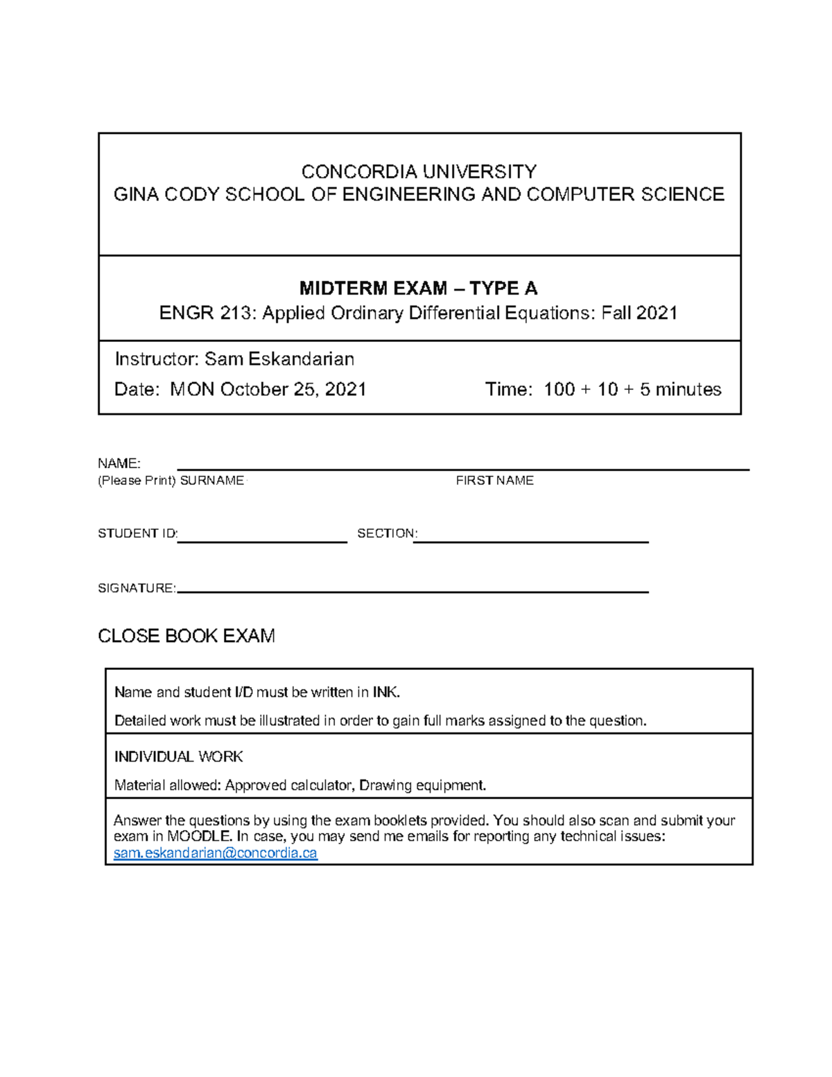 Practice Midterm Exam for ordianry diff eq - CONCORDIA UNIVERSITY GINA ...