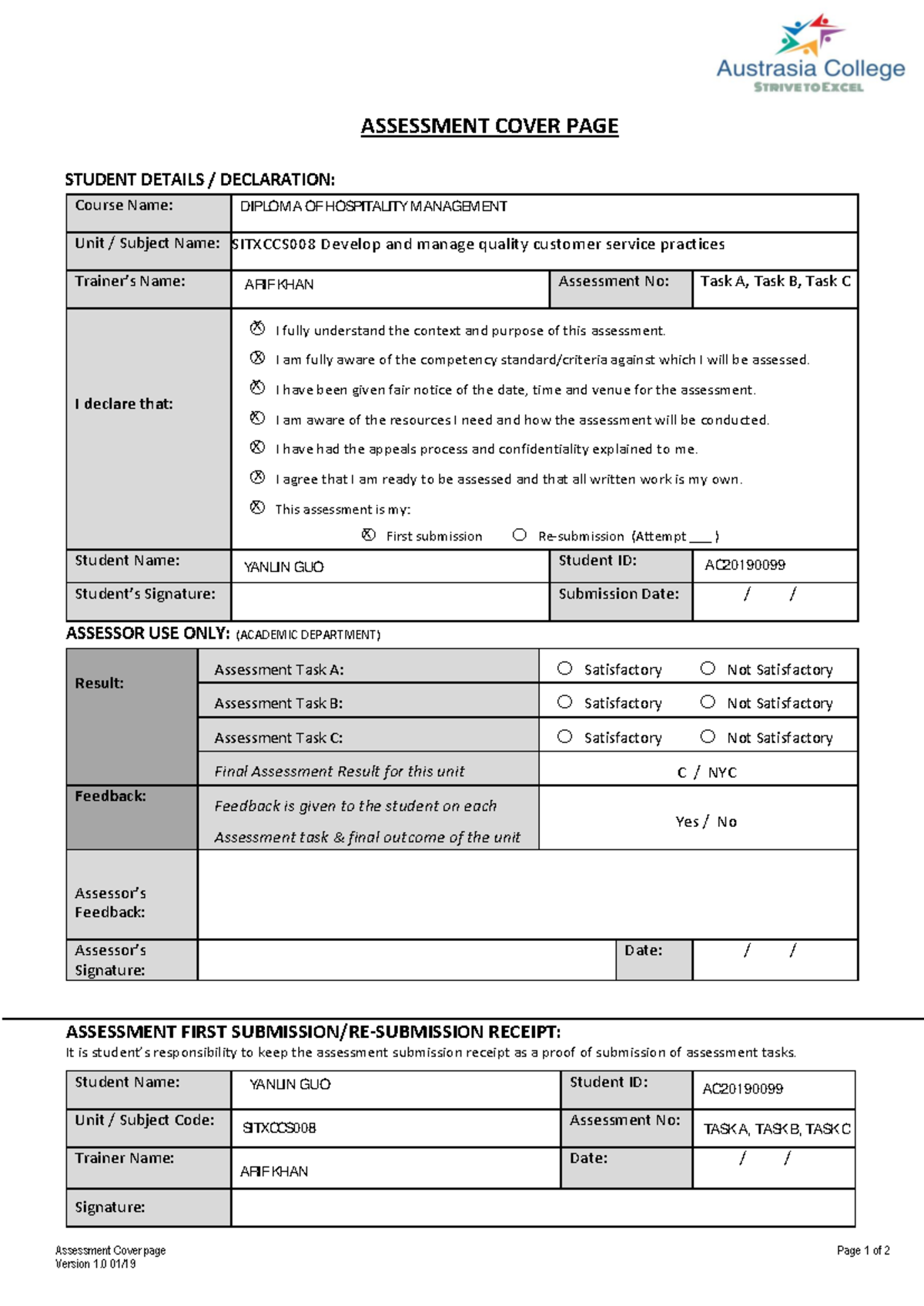 1 Sitxccs 008 Assessment Task A, B, C - Assessment Cover page Page 1 of ...